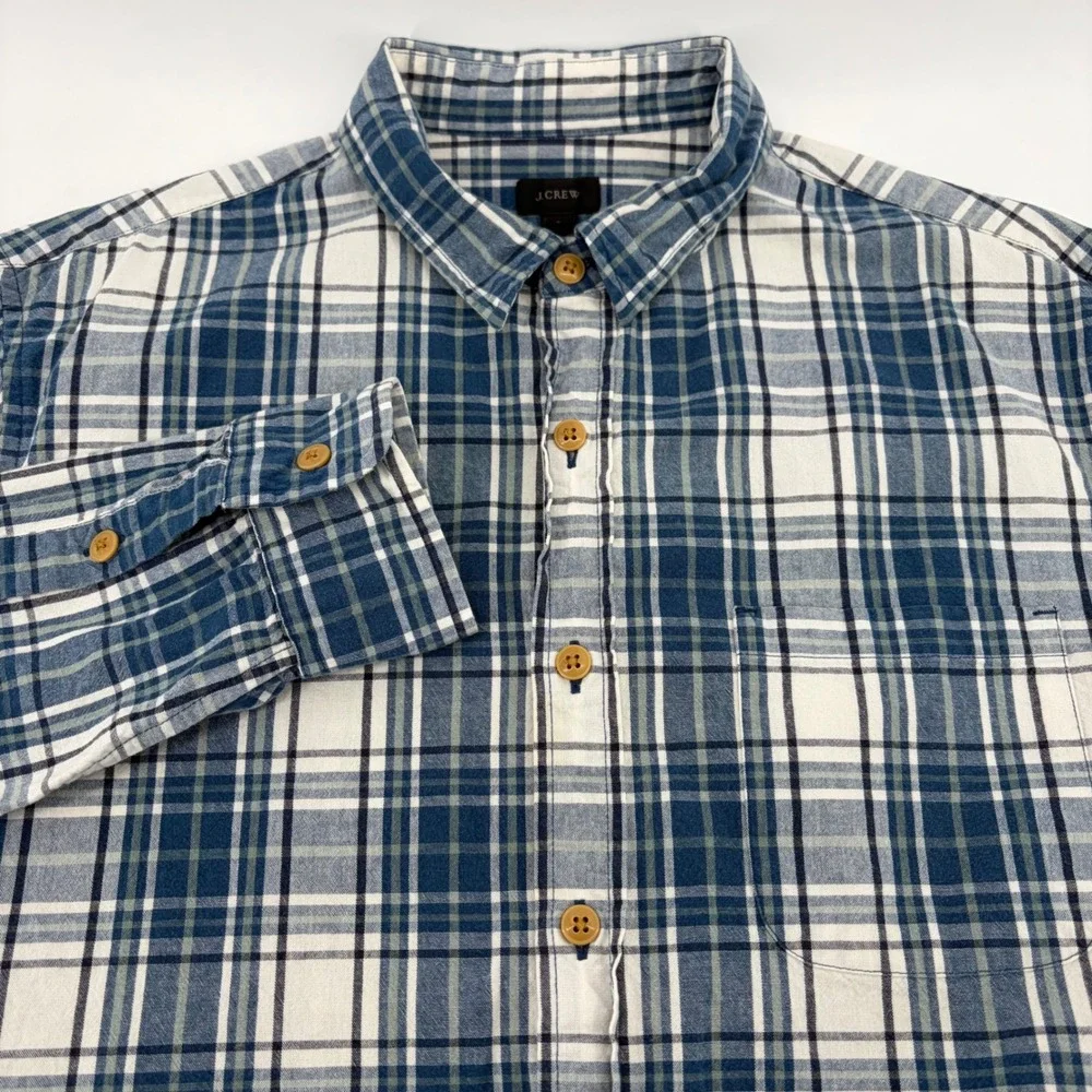J. Crew Mens Large Blue‎ White Plaid Cotton Long Sleeve Button Down Shirt